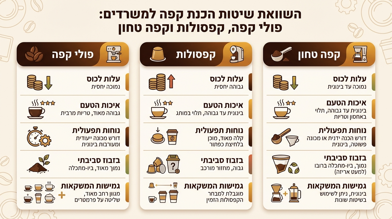 השוואה בין פולי קפה, קפסולות וקפה טחון לשימוש משרדי