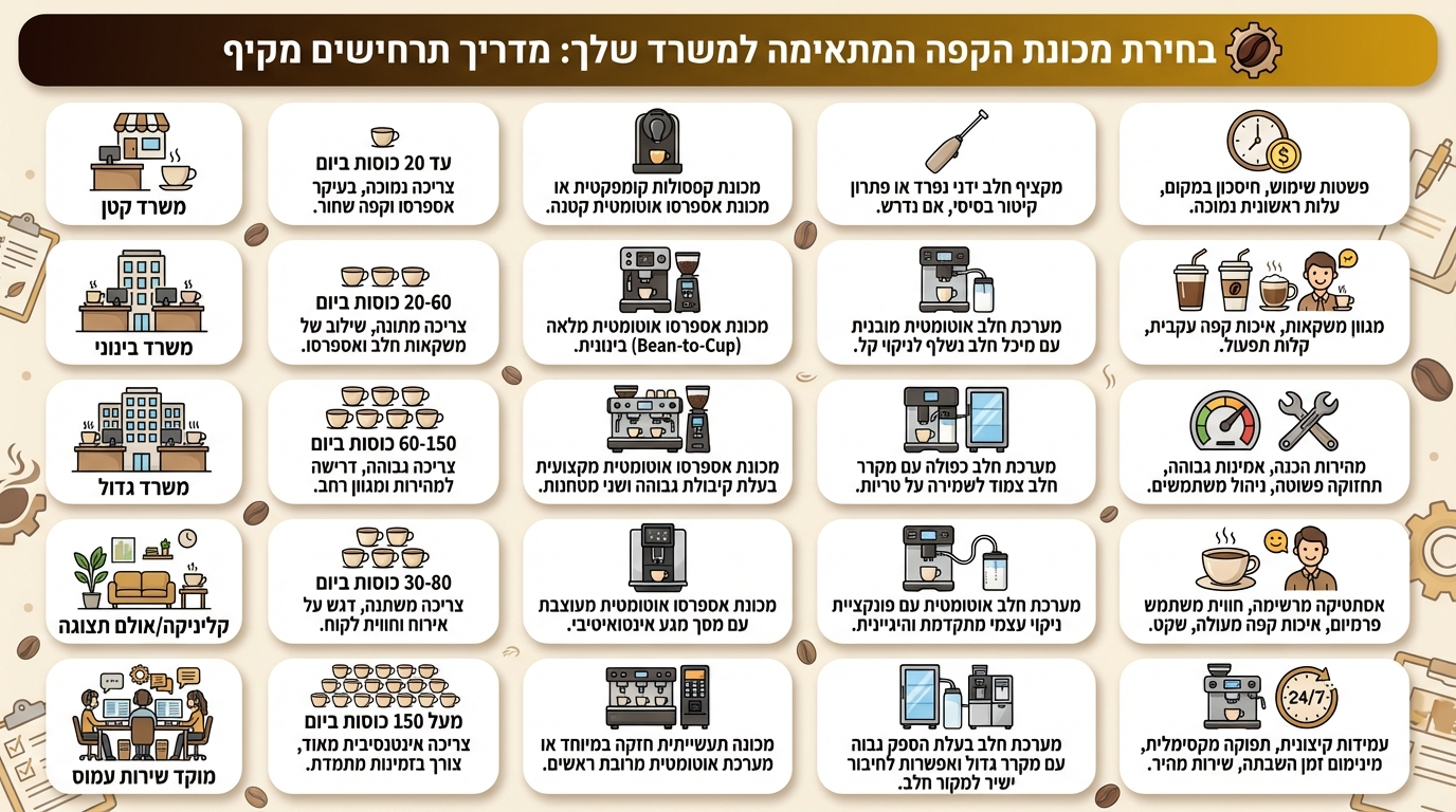מפת התאמה של מכונות קפה לפי סוג משרד וכמות עובדים