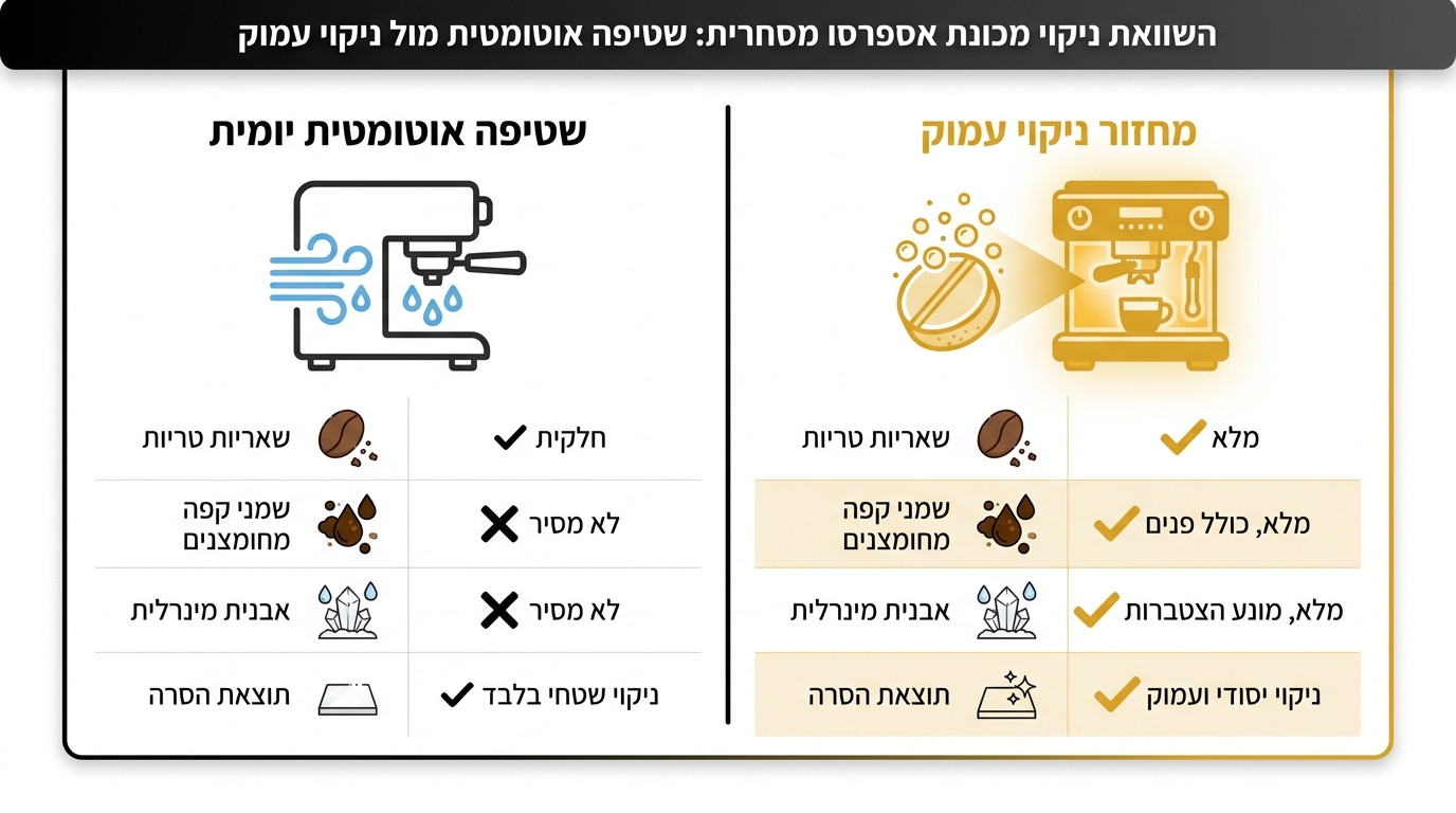 השוואה בין שטיפה אוטומטית לניקוי עמוק של מכונת קפה