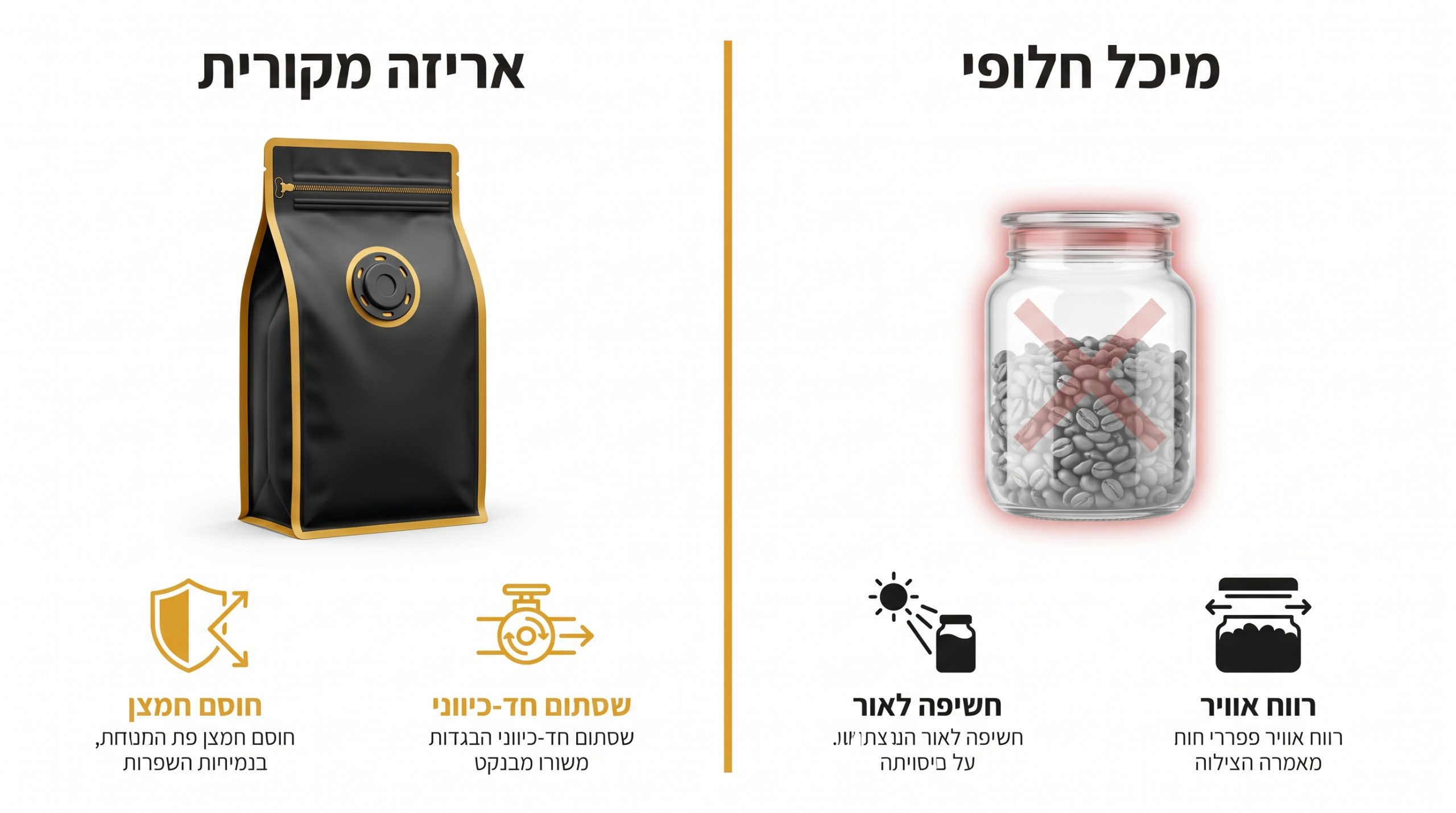 השוואה בין שמירת פולי קפה בשקית המקורית לעומת העברה לכלי אחסון