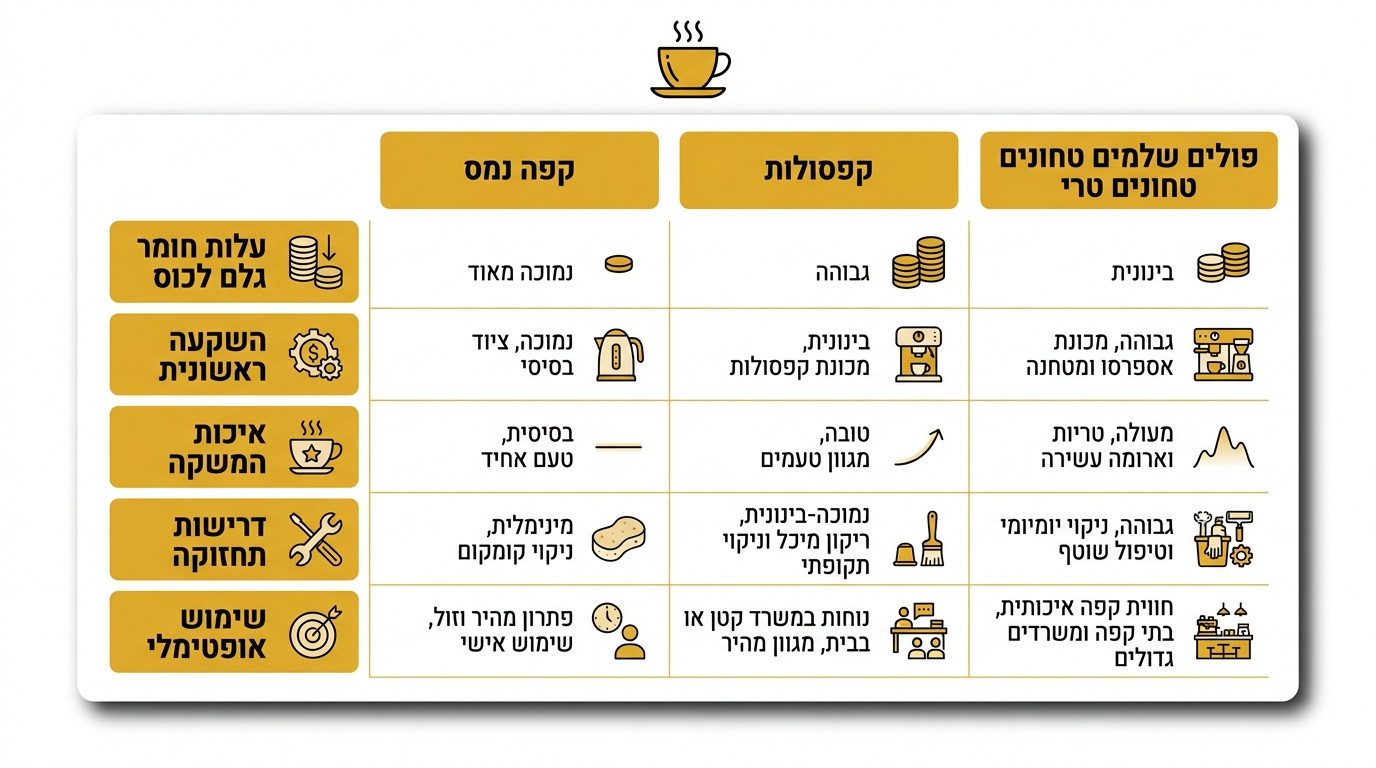 השוואה חזותית בין קפסולות, פולים טריים וקפה נמס